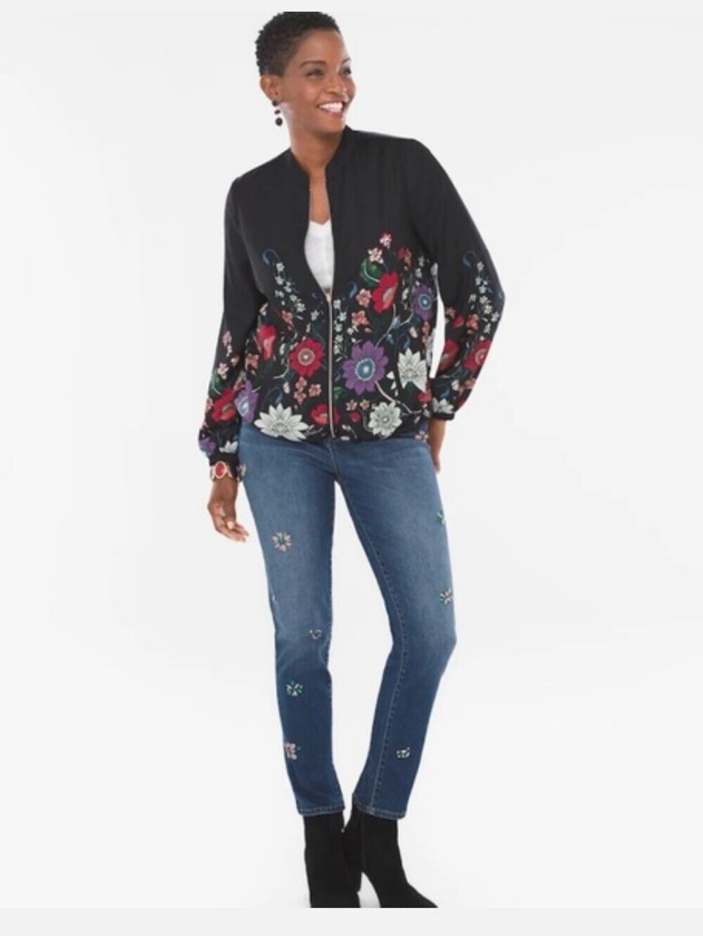 Chico’s 3 black floral polka dot reversible long sleeve bomber jacket